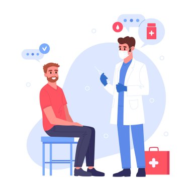 Doktor hastaya iğne yapar. Erkek hemşire, aşıyı klinikte yapıyor. Doktor aşı yapmadan önce elinde şırınga tutuyor. Sağlık ve Tıp Konsepti