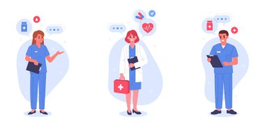Tıp doktorları. Hastane çalışanları, doktor danışmanları, testler ve tıbbi araştırmalar, klinik çalışanları düz vektör çizim seti. Sağlık ve Tıp Konsepti