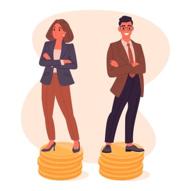 Ofis çalışanları maaş eşitliği. İşadamı ve işkadını madeni paraların üzerinde duruyor. Finansal refah düz vektör çizimi. Ekonomik gelir eşitliği kavramı