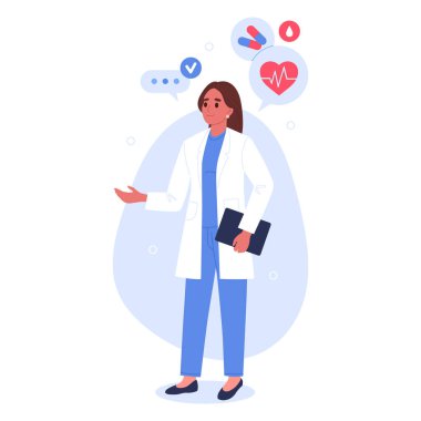 Terapist ya da sağlık görevlisi. Kadın doktor karakteri, klinikte profesyonel kadın çalışan düz vektör çizimi. Sağlık ve Tıp Konsepti