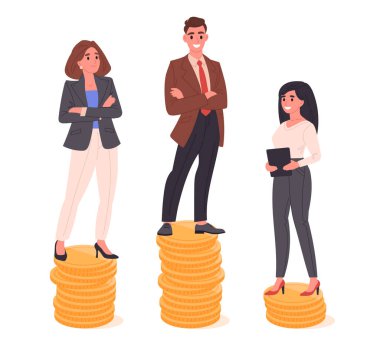 Ofis çalışanları madeni paraların üzerinde duruyorlar. Gelir eşitsizliği, iş kadını ve iş kadını maaş eşitsizliği düz vektör çizimi. Maaş farkı kavramı