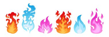 Renkli alevler. Çok renkli şenlik ateşi, yanan ateş topları ve vahşi ateş renkli düz vektör çizimi. Beyaz arkaplanda çizgi film yangını