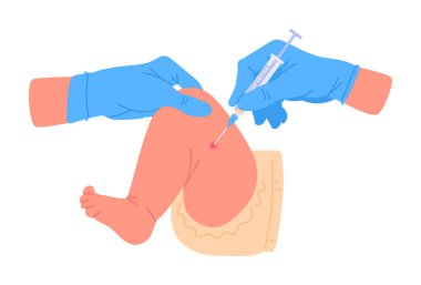 Bebek için lastik eldiven takan hemşire elleri. Aşı süreci, doktorun elindeki şırıngayla aşı düz vektör çizimi. Çocukluk aşısı kavramı