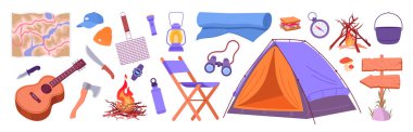 Çizgi film kamp malzemeleri. Yaz turizmi ve yürüyüş malzemeleri, çadır, piknik kamp ateşi, pusula ve harita düz vektör çizimi seti. Açık hava kamp aksesuarları