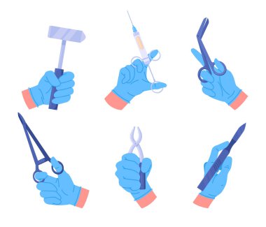 Doktorların elleri. Profesyonel aletleri, şırıngayı, neşteri ve tıbbi kıskacı tutan doktor elleri düz vektör çizim seti. Karikatür tıbbi ekipmanları doktorların elinde.