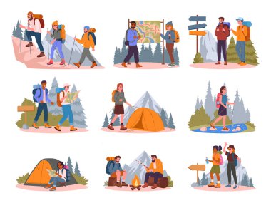 İnsanlar yürüyüş ve kamp yapıyor. Açık hava macerası, yürüyüş ve sırt çantası, aktif karakterler yürüyüş, çadır kurma ve düz arazi çizimi seti. Turist sahne koleksiyonu