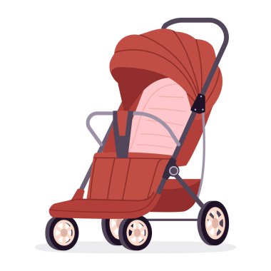 Bebek arabası mı? Yürümeye yeni başlayanlar sandalyede, çocuklar dışarıda yürümek için güvenli bir şekilde taşınıyor. Çizgi film bebek tekerlekli bebek arabası