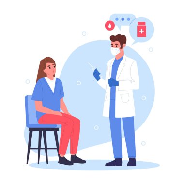 Çizgi film doktorunun hastası. Doktor, hastaya, sağlık çalışanına ve kadın hasta düz vektör çizimine danışmanlık ve tanı koyuyor. Hastanenin profesyonel çalışanı ve hastası.