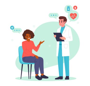 Doktor ve hasta. Tıp çalışanı ve kadın hasta, doktor hastaya düz vektör çizimi öneriyor ve teşhis koyuyor. Hastanenin profesyonel çalışanı ve hastası.