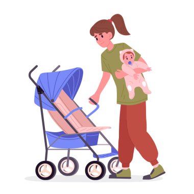 Anne ve küçük bebek. Genç anne bebek arabasında yürür, aile gezisi düz vektör çizimi. Çizgi film ebeveynlik sahnesi