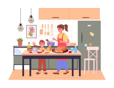 Anne ve kızı evde yemek pişiriyor. Ev yapımı yemek hazırlama, aile sofrasında yemek hazırlama düz vektör çizimi. Çocuk sahnesiyle yemek pişirmek