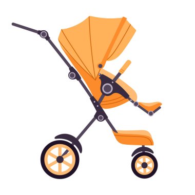 Küçük bebek arabası. Çocuklar ve yeni yürümeye başlayanlar itme koltuğu, çocuklar için açık havada yürümek için renkli nakliye araçları düz vektör çizimi. Karikatür bebek beyaz üzerinde bebek tulumu taşıyordu