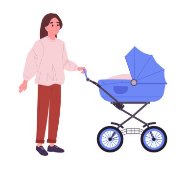 Anne bebek arabasında yürüyordu. Bebek arabasında küçük bir bebeği olan genç bir anne, açık hava eğlencesi düz vektör çizimi. Çizgi film ebeveynlik sahnesi