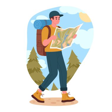 Yürüyüşteki adam. Erkek karakter açık hava macerası, aktif turist yürüyüşü, yürüyüş ve sırt çantalı düz vektör çizimi. Sırt çantasıyla doğa yürüyüşü yapan adam.