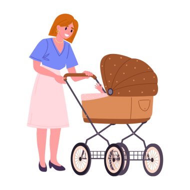 Bebek arabasında küçük bir bebeği olan genç bir anne. Anne bebek arabasında yürür, aile gezisi düz vektör çizimi. Çizgi film ebeveynlik sahnesi