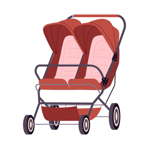 Коляска близнецов. Мультфильм ребенок двойной коляски, близнецы младенцы безопасности transports для прогулок на свежем воздухе плоский вектор иллюстрации. Детские коляски на белом