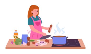 Evde yemek pişiren kadın karakter. Lezzetli yemekler pişiren bir kadın, ev yapımı düz vektör illüstrasyonunda yemek hazırlıyor. Ev yapımı yemek hazırlama sahnesi