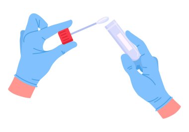 Biyolojik materyaller için konteynerli eller. Tıbbi laboratuvar çalışanı lastik eldivenlerle elinde biyolojik örnekler ve düz vektör çizimleri olan polimer kabı tutuyor. Laboratuvar test konteynırı ellerinde