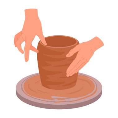 El işi çanak çömlek vazosu. Çömlekçi elleri kil, çömlekçi çarkı ve seramik modelleme işlemi düz vektör çizimi ile çalışır. Seramik stüdyosu çömlekçilerinin elleri