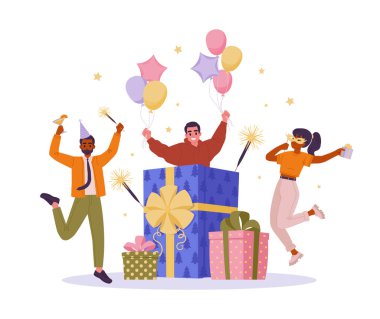 Happy people celebrating birthday party. Cheerful characters with balloons jumping near big birthday gifts boxes flat vector illustration. Birthday party celebration concept clipart