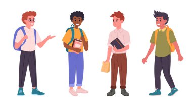 Erkek okul öğrencileri. Sırt çantalı ve kitaplı ortaokul ya da ortaokul çocukları, okula giden mutlu arkadaşlar düz vektör çizim seti. Erkek öğrenciler.