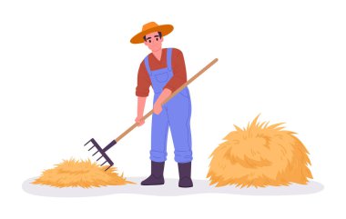 Farmer work with hay. Agriculture worker with hay pitchfork, rural harvesting flat vector illustration. Agriculture farm work scene clipart