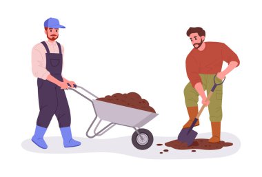 Çiftçiler toprak kazar. Tarım işçileri at arabasında toprak taşıyor, hasat ediyor ve düz vektör illüstrasyonları yapıyorlar. Erkekler toprakla çalışır.