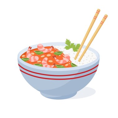 Asya yemek kasesi. Kore ya da Japon yemeği, pirinç ve karides, geleneksel Asya mutfağı düz vektör çizimi. Çizgi film lezzetli Asya yemeği