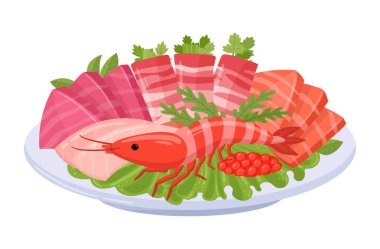 Asya mutfağı. Japon ya da Kore geleneksel yemekleri, tempura, sashimi ve karidesli deniz ürünleri tabağı düz vektör çizimi. Çizgi film lezzetli Asya yemeği