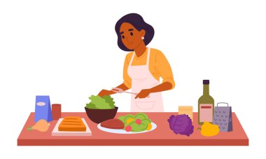 Aşçı kadın. Kadın karakter lezzetli yemekler pişiriyor, ev yapımı düz vektör illüstrasyonunda yemek hazırlıyor. Ev yapımı yemek hazırlama sahnesi