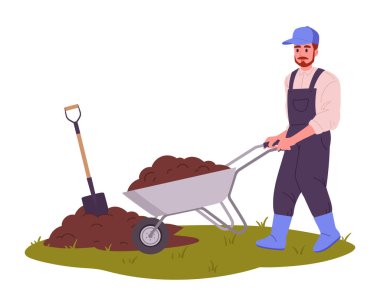 Çiftçi toprağı kazıyor. Tarım işçisi bahçıvanlığı ve toprağı kazma, hasat ve çiftçilik düz vektör çizimi. Toprakla çalışan adam.