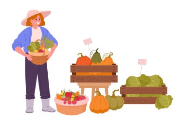 Sebze satan kadın. Dişi çiftçi, çiftçi pazarı düz vektör illüstrasyonunda hasat mahsulü satıyor. Çiftlik pazarı manzarası