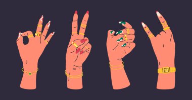 Kadın eli işte. Çizgi film kadın elleri, çeşitli jestler, tırnak tasarımı ve altın mücevher düz çizim seti. Manikürlü kızlar avuç içleri