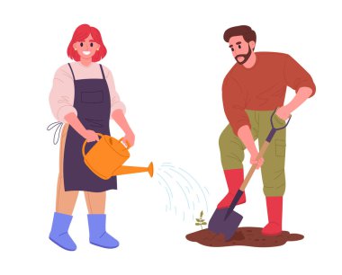 Tarım işçileri bahçıvanlık yapıyor. Bir çift çiftçi bitkilerle çalışıyor, adam toprağı kazıyor ve kadın toprak düz vektör resimlerini suluyor. Çiftlik sahnesi