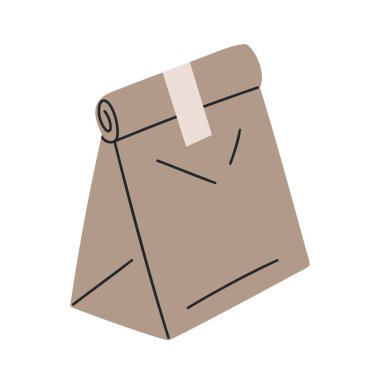 Fast food teslimat kese kağıdı. Paket yemek paketi düz vektör çizimi. Beyaza elle çizilmiş tek kullanımlık yiyecek torbası.