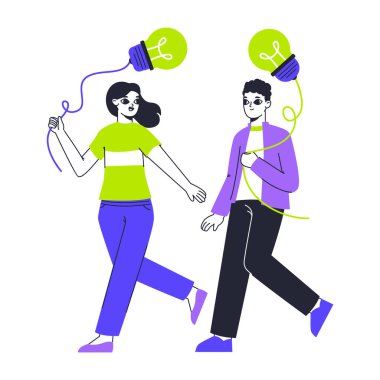 İyi fikirleri olan bir çift. Ampul fikri metaforu, karakterler parlak fikirleri buluyor ve düz vektör illüstrasyonunu geliştiriyor. Ampulleri olan insanlar