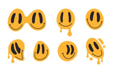 Gülen emoji yüzleri. Sevimli komik karakterler, geçmişe dönük gülen yüzler, yüz ifadeleri düz vektör çizimi olan komik maskotlar. Çizgi film mutlu emojiler koleksiyonu