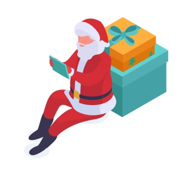 Isome Noel Baba. Noel Baba karakterinin hediye kutuları, Noel Baba 'nın elinde dijital tablet 3D vektör illüstrasyonu var. Noel Baba karakteri