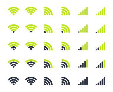 Akıllı telefon kablosuz bağlantı simgeleri. Wifi göstergeleri, cep telefonu 5G ve LTE wifi sinyal güç seviyeleri düz vektör illüstrasyon seti. Ağ wifi sinyal işaretleri