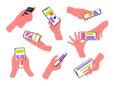 Akıllı telefonu tutan eller. Cep telefonu kullanıcıları, insan eli dokunmatik ekran, parmaklar kaydırma ve dinleme cihazı düz vektör çizim seti. Çizgi film akıllı telefonu elinde.