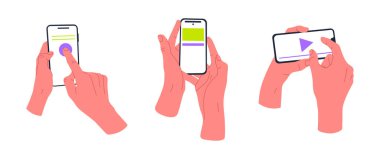 Akıllı telefon ellerde. Cep telefonu kullanıcıları, insan eli dokunmatik ekran, parmaklar kaydırma ve dinleme cihazı düz vektör çizim seti. Çizgi filmdeki eller akıllı telefon tutuyor.