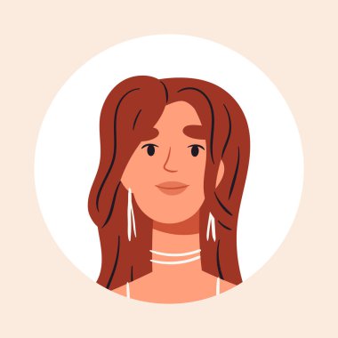 Sevimli kız avatarı. Göz kamaştırıcı kadın yüzü, güzel kız portresi, genç bayan düz vektör çizimi. Kadın karakter portresi