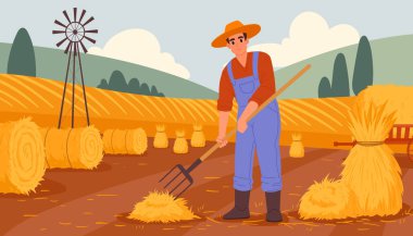 Tarım çiftçisi samanla çalışır. Saman yabası olan bir tarım işçisi, düz vektör arkaplan çizimi yapan kırsal bir hasat. Çiftlik arazisi çalışma sahnesi