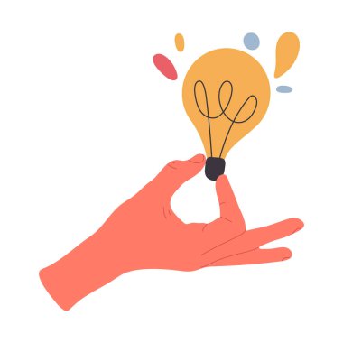 Elinde ampul var. Parlak ampul, çözüm, yenilik ve yaratıcı fikir metaforu düz vektör çizimi. Harika fikir.