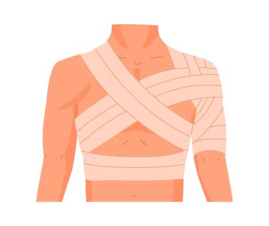 İnsan gövdesi bandajı. Çizgi film tıbbi bandajı, çıkık için acil tedavi, burkulma ve tendon hasarı düz vektör çizimi seti. Yaralı vücut parçası bandajları