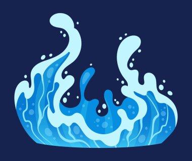 Sıvı su akışı. Çizgi film mavi su sıçraması, şeffaf su sıçraması düz vektör çizimi. Su sıçrama elementi