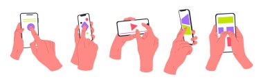 Cep telefonu kullanıcıları. Çizgi filmdeki eller akıllı telefonu tutuyor, parmaklar kaydırıyor ve dinleme cihazı düz vektör illüstrasyon setini gösteriyor. İnsan eli dokunmatik ekran