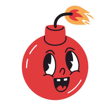 Çizgi roman bombası. Çizgi film kırmızı bomba maskotu, yanan fitil düz vektör resimli komik bomba karakteri. Komik yüzlü şirin bir bomba.