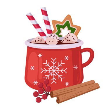 Noel sıcak içecek bardağı. Şekerlemeli karikatür kupası, sıcak içecek bardağı düz vektör illüstrasyonlu. Kış tatili içkisi