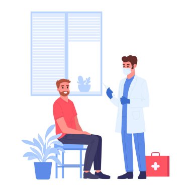 Klinikteki hasta. Aşı ya da kan örneği, şırıngalı ve sabırlı doktor, tıbbi atama düz vektör çizimi. Sağlık ve Tıp Konsepti